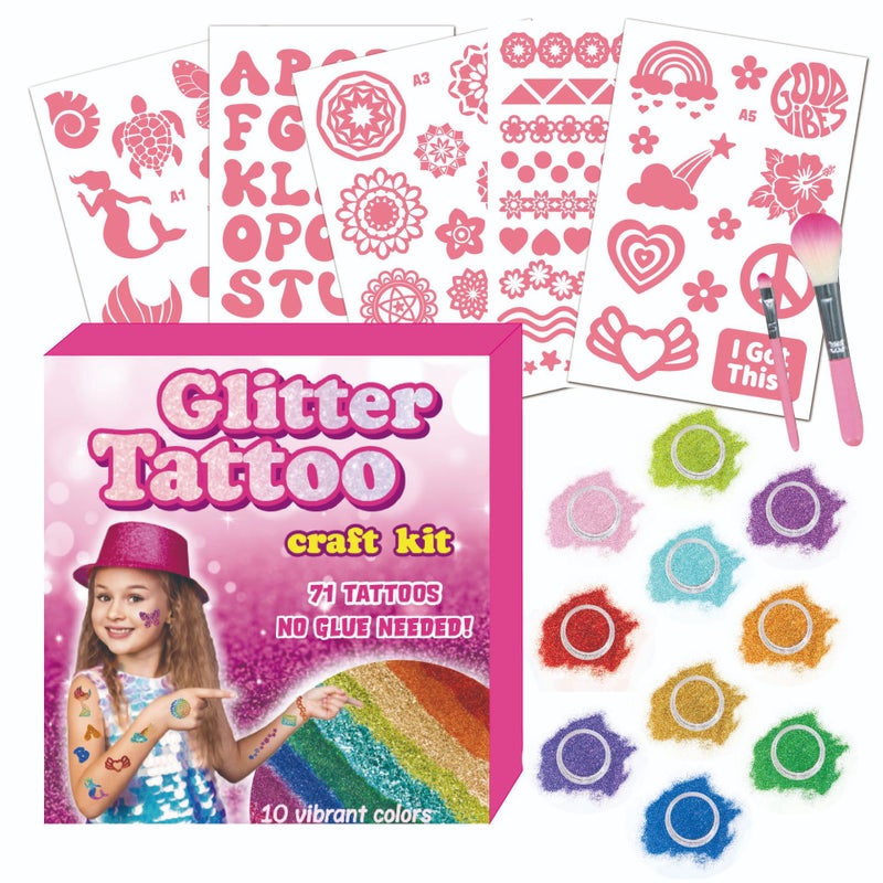 Capstro Kids Glitter Temporary Tattoo Kit – DIY Body Art Craft Set with Glitter & Stencils | Creative Party, Dress-Up & Arts and Crafts Fun for Children – Rainbow Glitter Tattoo Set - Image 1